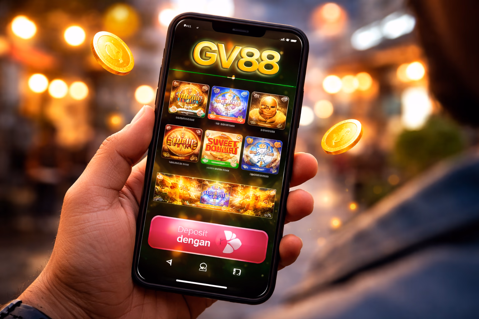 একজন বাংলা খেলোয়াড় স্মার্টফোনে GV88 মোবাইল অ্যাপ ব্যবহার করছেন, স্ক্রিনের চারপাশে জ্বলজ্বল করা কয়েন এবং কার্ড আইকন ভাসছে