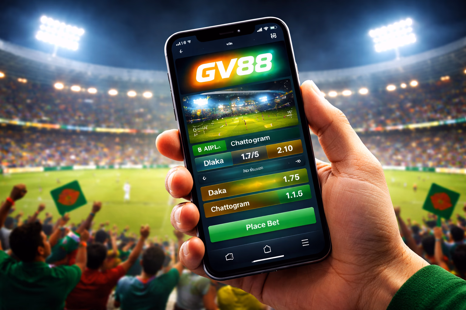 Enthusiastic Bangladeshi punter checking cricket odds on a laptop while watching live match action on TV through the GV88 betting portal