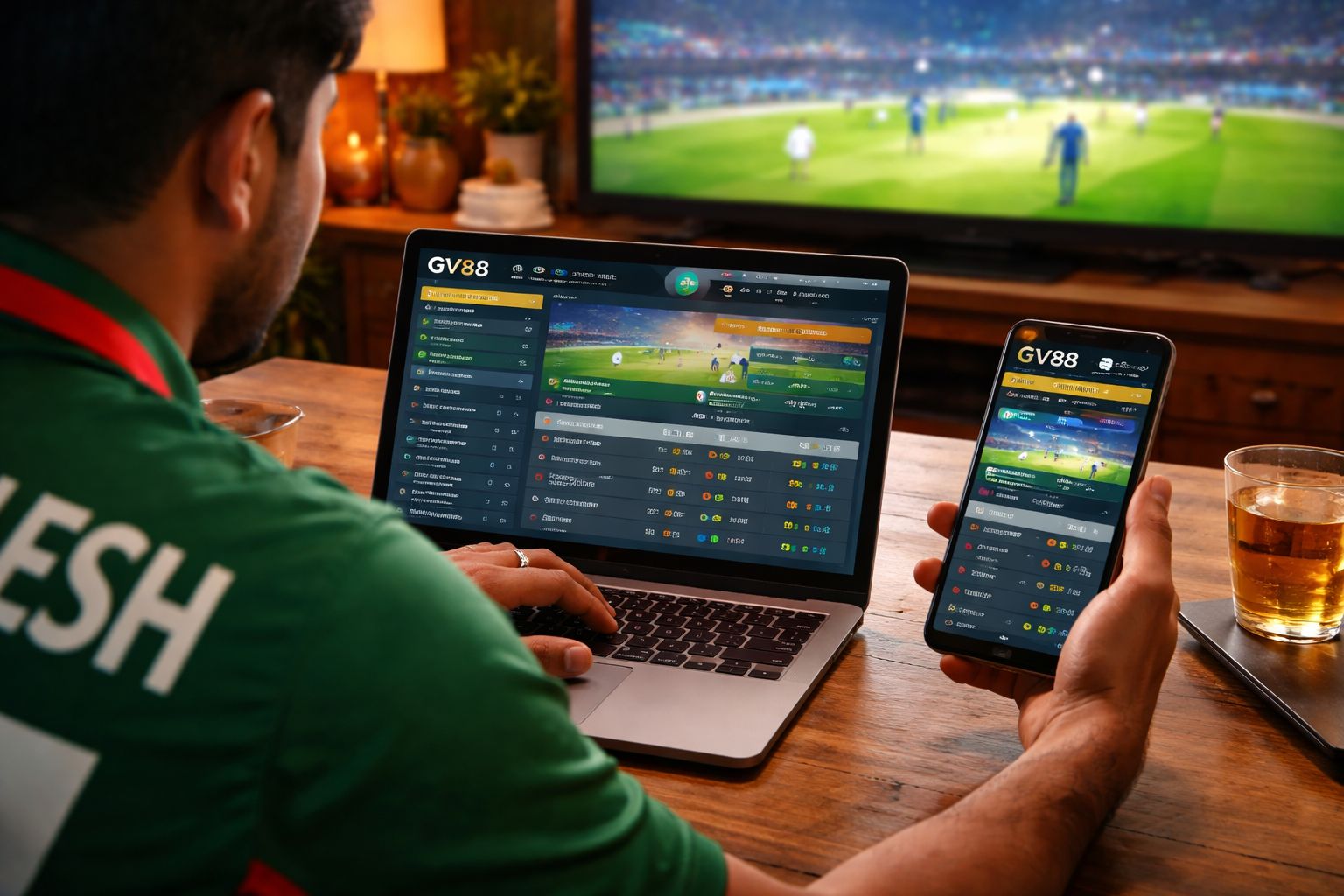 Focused Bangladeshi punter tracking live cricket odds on a laptop through GV88 while enjoying the match broadcast on TV at home
