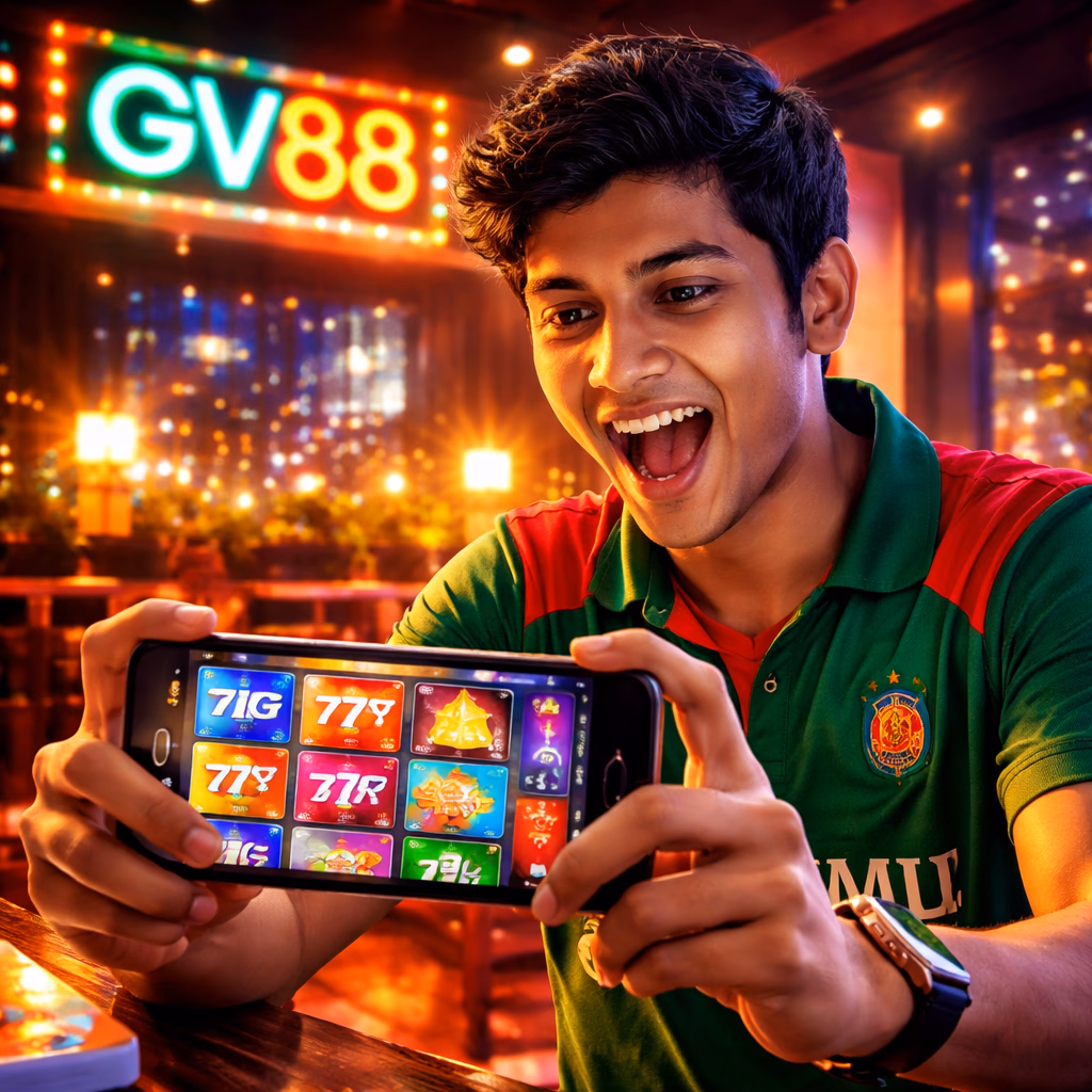 Enthusiastic Bangladeshi player enjoying vivid online casino titles on a desktop screen with colorful graphics inside the GV88 gaming portal