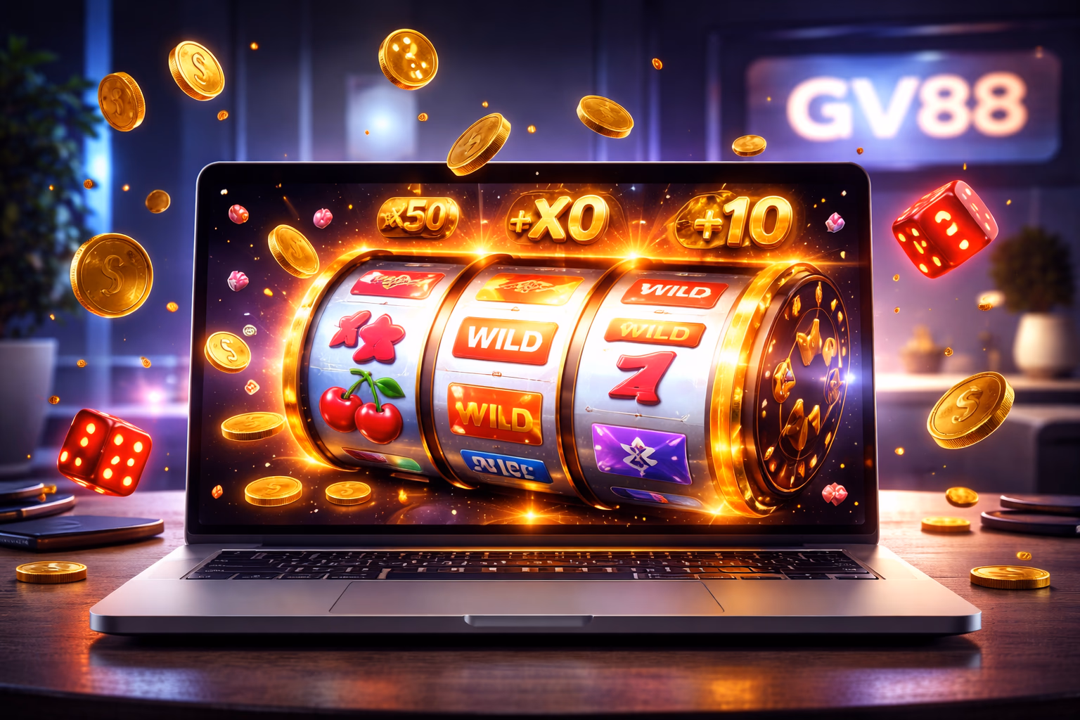 Sleek monitor displaying the GV88 crash multiplier game with vibrant betting counters and a glowing wager wheel forming a rich digital gambling scene
