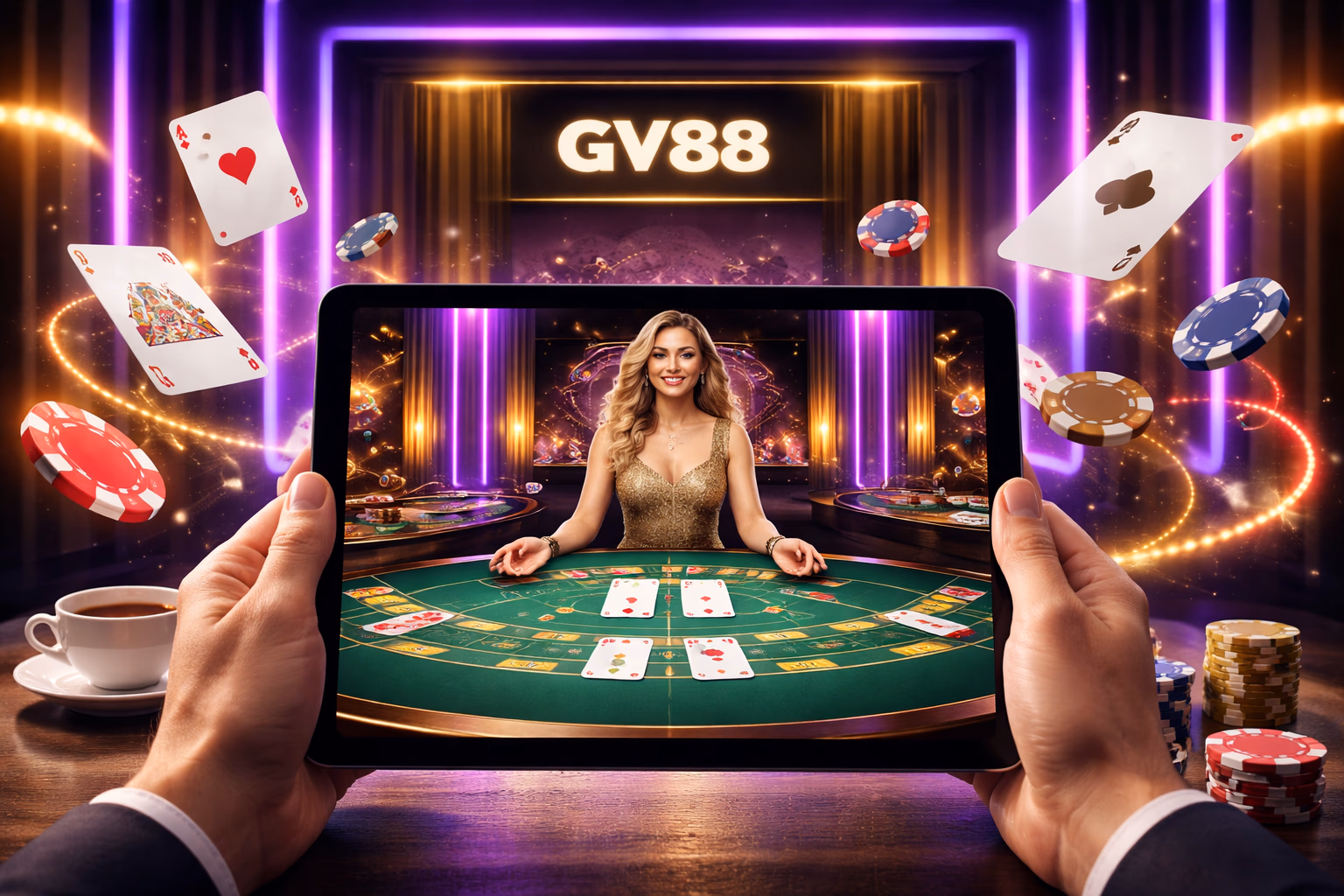 Focused casino player interacting with a desktop inside a neon-lit lounge atmosphere showing the vibrant GV88 virtual gaming experience for Bangladesh