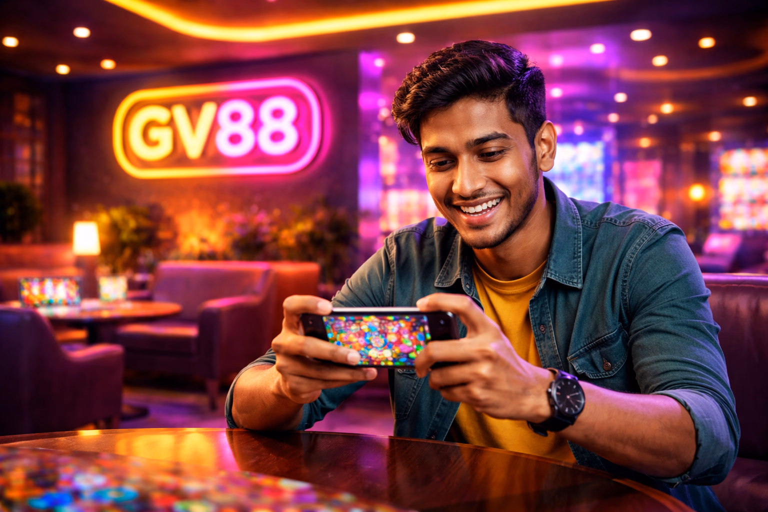 Enthusiastic player enjoying a colourful GV88 slot reel with jackpot lights and vivid symbols in Bangladesh
